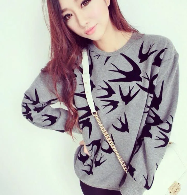 Women Casual Grey Crewneck Sweatshirts Long Sleeve 3D Swallow Pullover SM6