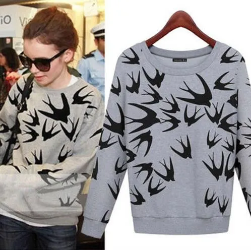 Women Casual Grey Crewneck Sweatshirts Long Sleeve 3D Swallow Pullover SM6