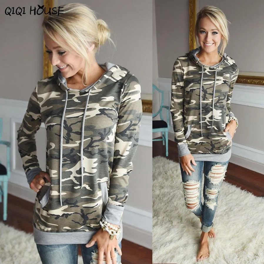 Women Hoodies Sweatshirts Camouflage Printing Pocket Pullover Tops Long Sleeve Loose Blouse Moleton Feminina#D831 SM6