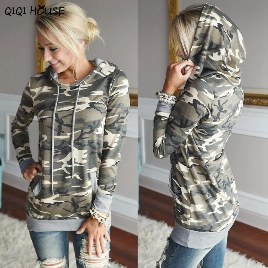 Women Hoodies Sweatshirts Camouflage Printing Pocket Pullover Tops Long Sleeve Loose Blouse Moleton Feminina#D831 SM6