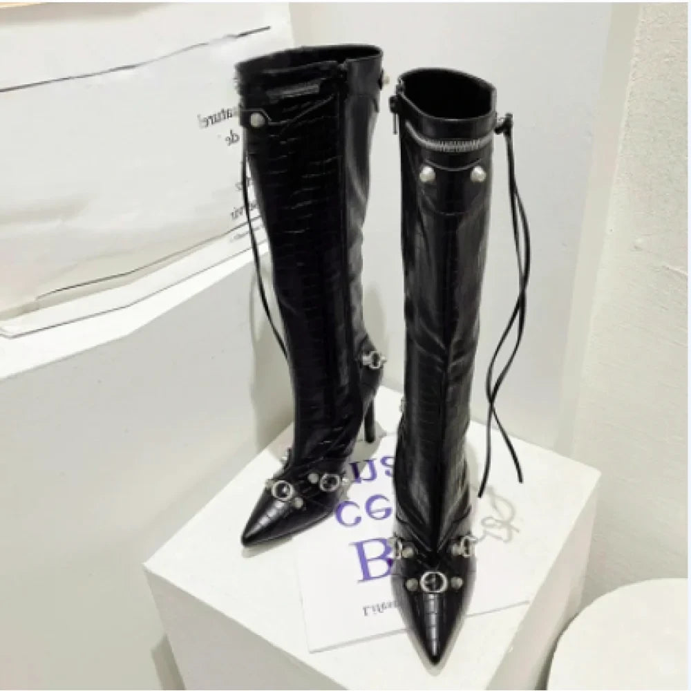 Women's Sexy Pointed Toe Tassel Zip Rivet Stiletto Heel Knee High Boots