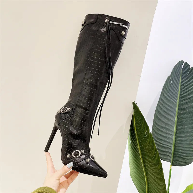 Women's Sexy Pointed Toe Tassel Zip Rivet Stiletto Heel Knee High Boots