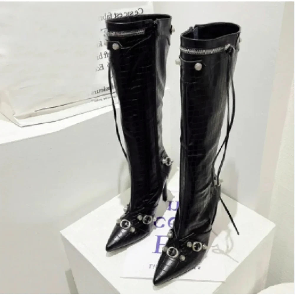 Women's Sexy Pointed Toe Tassel Zip Rivet Stiletto Heel Knee High Boots